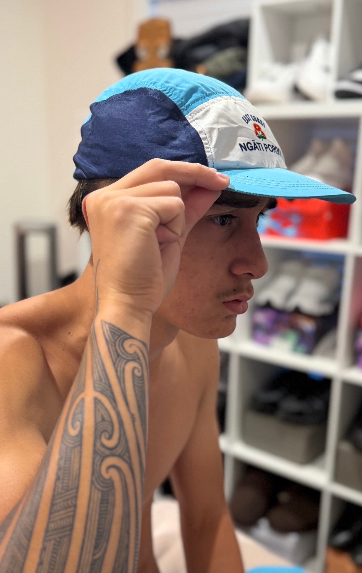 🔵🔷⚪ Ngāti Porou Sky Blue, Navy Blue & White Mangopare Pōtae